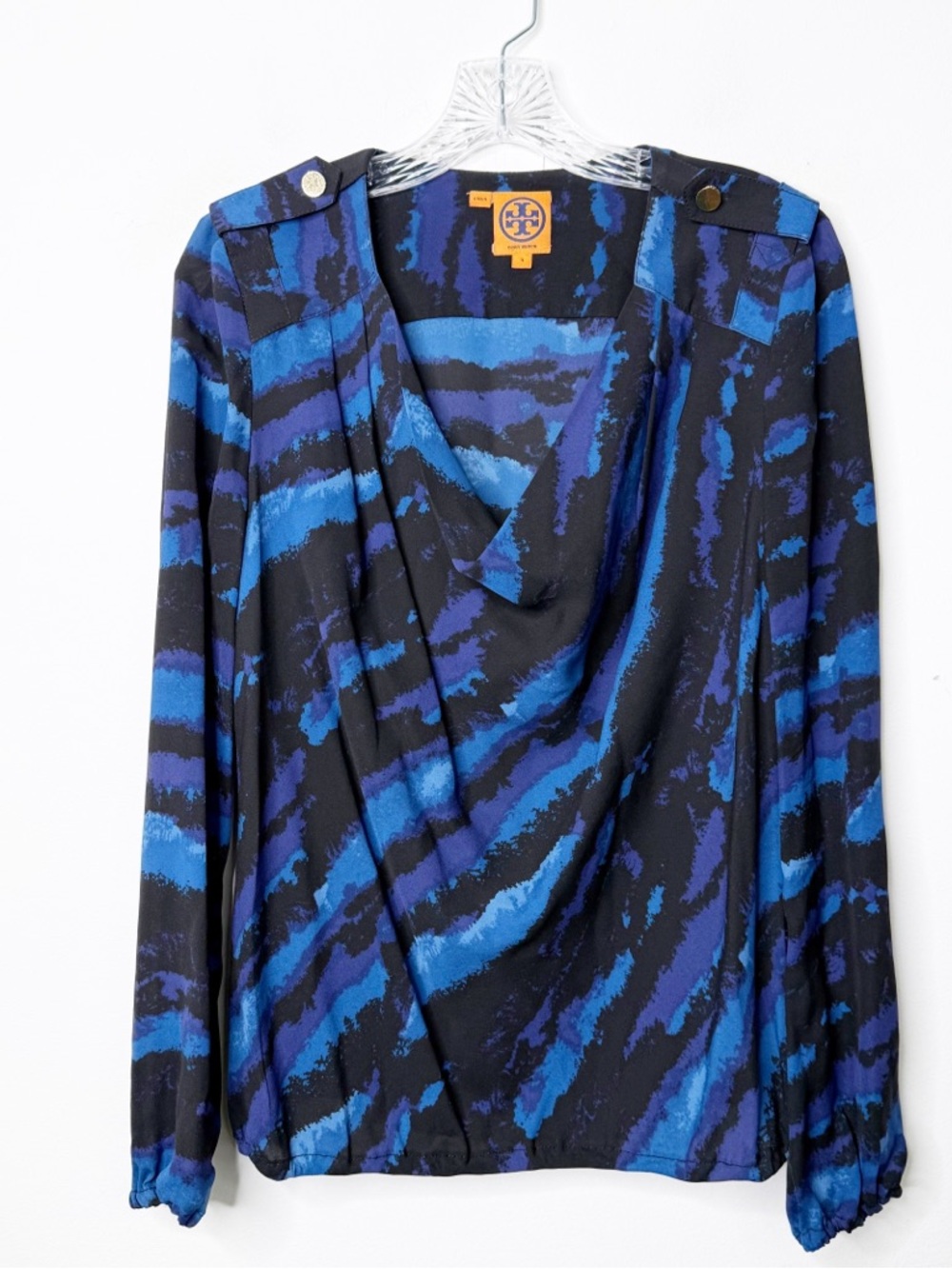 TORY BURCH | Watercolor Silk Draped Blue Abstract Print Long-Sleeve Top Sz. 4 - Picture 2 of 4